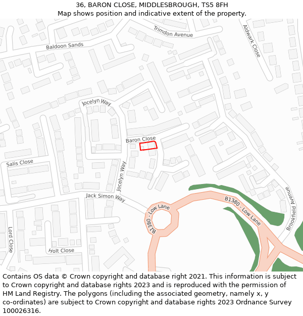 36, BARON CLOSE, MIDDLESBROUGH, TS5 8FH: Location map and indicative extent of plot