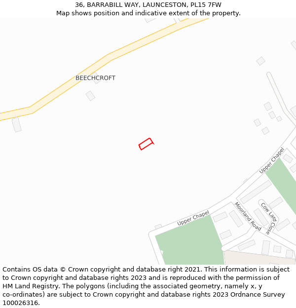 36, BARRABILL WAY, LAUNCESTON, PL15 7FW: Location map and indicative extent of plot