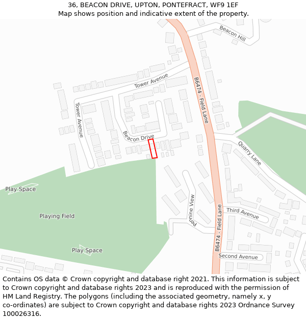 36, BEACON DRIVE, UPTON, PONTEFRACT, WF9 1EF: Location map and indicative extent of plot