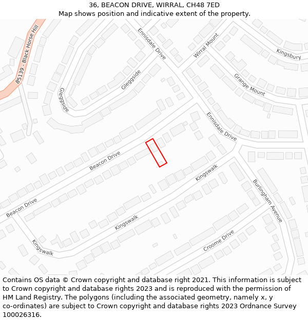 36, BEACON DRIVE, WIRRAL, CH48 7ED: Location map and indicative extent of plot