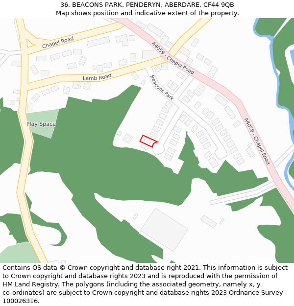 36, BEACONS PARK, PENDERYN, ABERDARE, CF44 9QB: Location map and indicative extent of plot