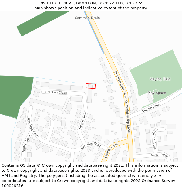 36, BEECH DRIVE, BRANTON, DONCASTER, DN3 3PZ: Location map and indicative extent of plot