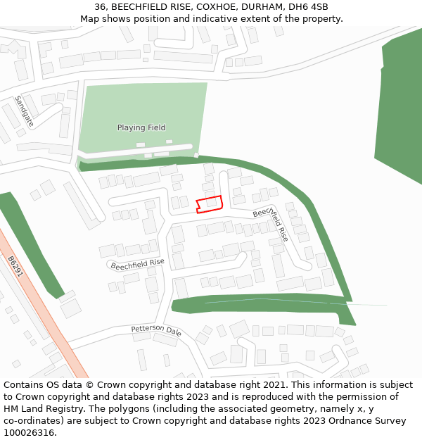 36, BEECHFIELD RISE, COXHOE, DURHAM, DH6 4SB: Location map and indicative extent of plot