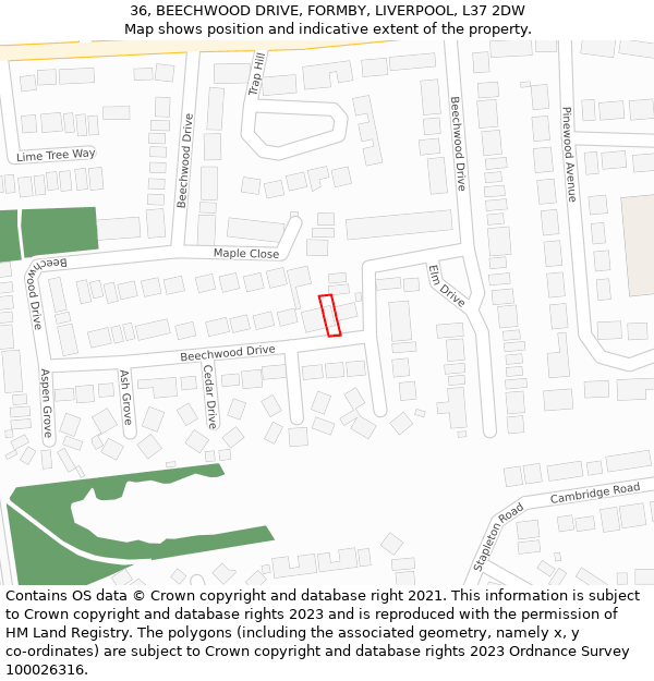 36, BEECHWOOD DRIVE, FORMBY, LIVERPOOL, L37 2DW: Location map and indicative extent of plot