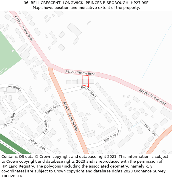 36, BELL CRESCENT, LONGWICK, PRINCES RISBOROUGH, HP27 9SE: Location map and indicative extent of plot