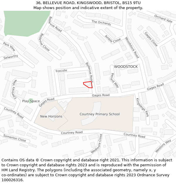 36, BELLEVUE ROAD, KINGSWOOD, BRISTOL, BS15 9TU: Location map and indicative extent of plot