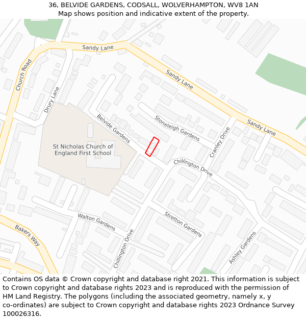 36, BELVIDE GARDENS, CODSALL, WOLVERHAMPTON, WV8 1AN: Location map and indicative extent of plot