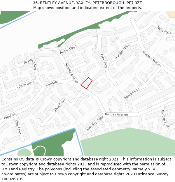 36, BENTLEY AVENUE, YAXLEY, PETERBOROUGH, PE7 3ZT: Location map and indicative extent of plot