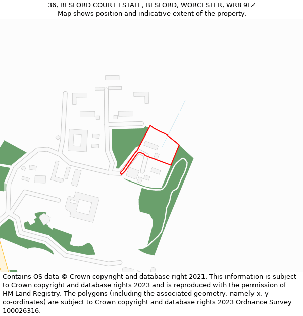 36, BESFORD COURT ESTATE, BESFORD, WORCESTER, WR8 9LZ: Location map and indicative extent of plot