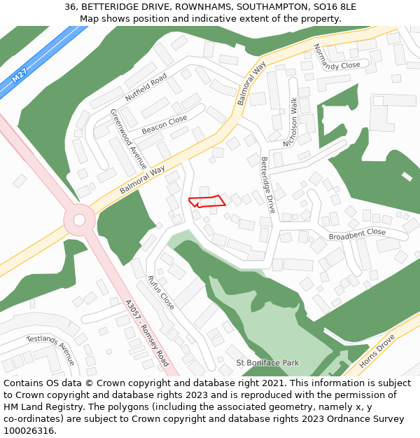 36, BETTERIDGE DRIVE, ROWNHAMS, SOUTHAMPTON, SO16 8LE: Location map and indicative extent of plot