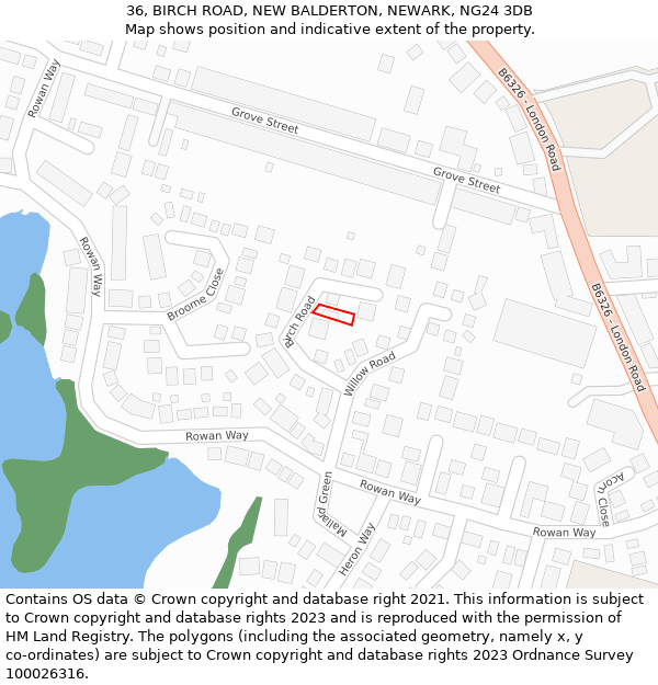 36, BIRCH ROAD, NEW BALDERTON, NEWARK, NG24 3DB: Location map and indicative extent of plot