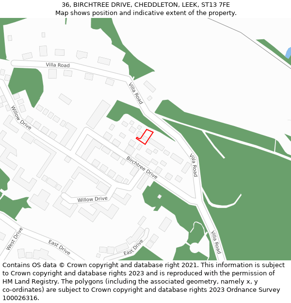 36, BIRCHTREE DRIVE, CHEDDLETON, LEEK, ST13 7FE: Location map and indicative extent of plot