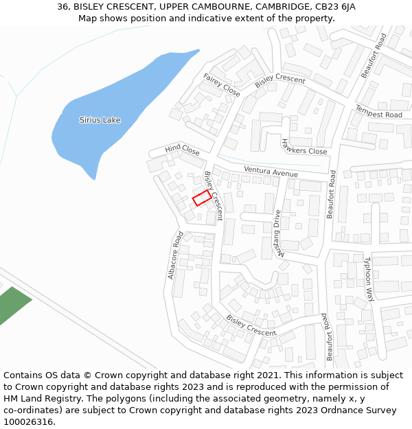 36, BISLEY CRESCENT, UPPER CAMBOURNE, CAMBRIDGE, CB23 6JA: Location map and indicative extent of plot