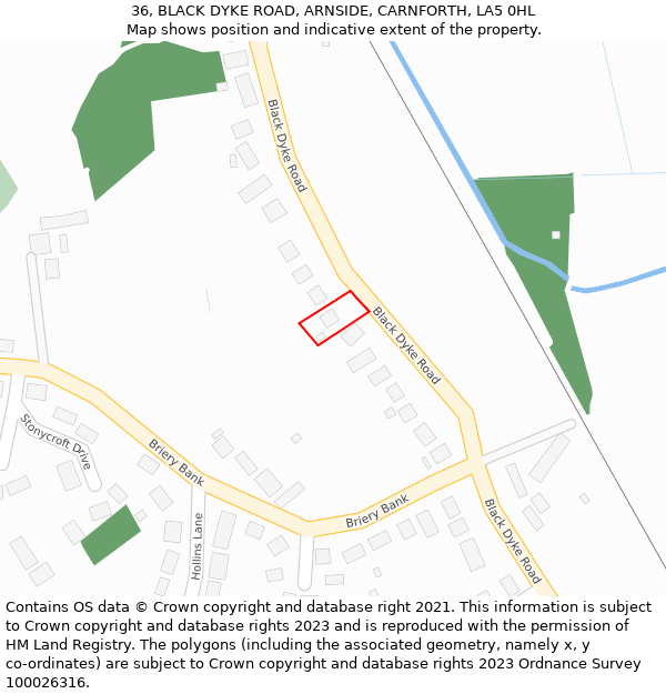 36, BLACK DYKE ROAD, ARNSIDE, CARNFORTH, LA5 0HL: Location map and indicative extent of plot