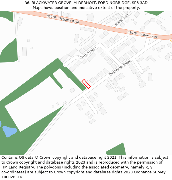 36, BLACKWATER GROVE, ALDERHOLT, FORDINGBRIDGE, SP6 3AD: Location map and indicative extent of plot