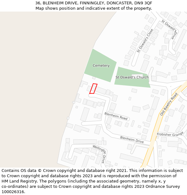 36, BLENHEIM DRIVE, FINNINGLEY, DONCASTER, DN9 3QF: Location map and indicative extent of plot