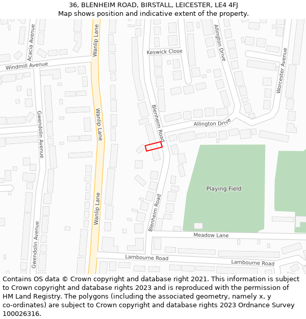 36, BLENHEIM ROAD, BIRSTALL, LEICESTER, LE4 4FJ: Location map and indicative extent of plot