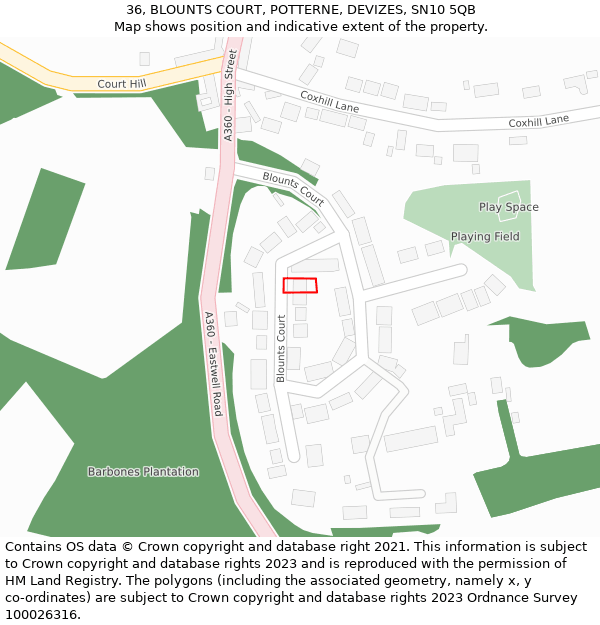 36, BLOUNTS COURT, POTTERNE, DEVIZES, SN10 5QB: Location map and indicative extent of plot