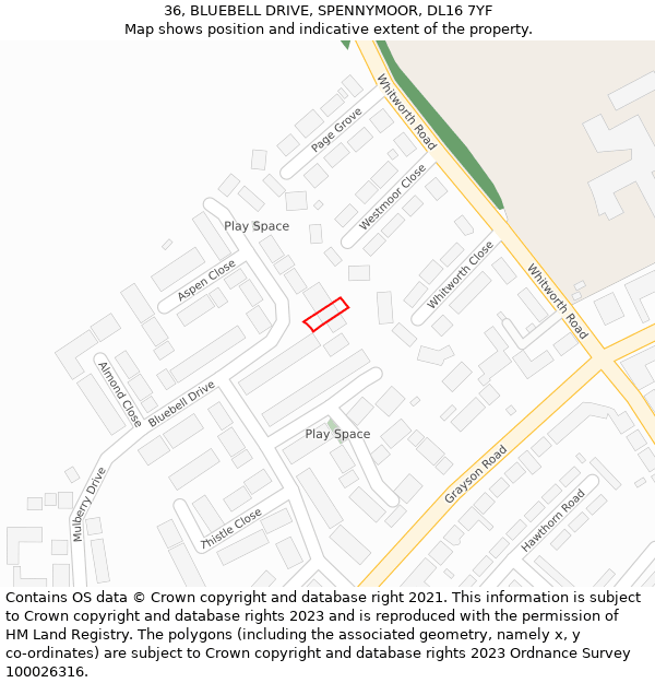 36, BLUEBELL DRIVE, SPENNYMOOR, DL16 7YF: Location map and indicative extent of plot