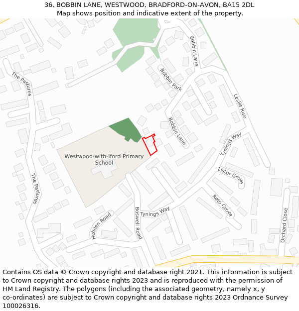 36, BOBBIN LANE, WESTWOOD, BRADFORD-ON-AVON, BA15 2DL: Location map and indicative extent of plot