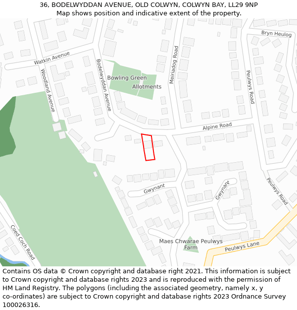 36, BODELWYDDAN AVENUE, OLD COLWYN, COLWYN BAY, LL29 9NP: Location map and indicative extent of plot