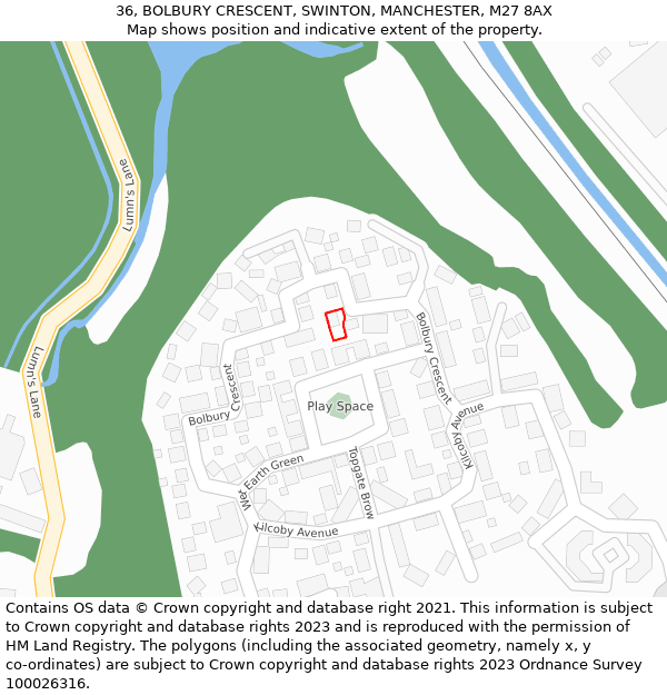 36, BOLBURY CRESCENT, SWINTON, MANCHESTER, M27 8AX: Location map and indicative extent of plot