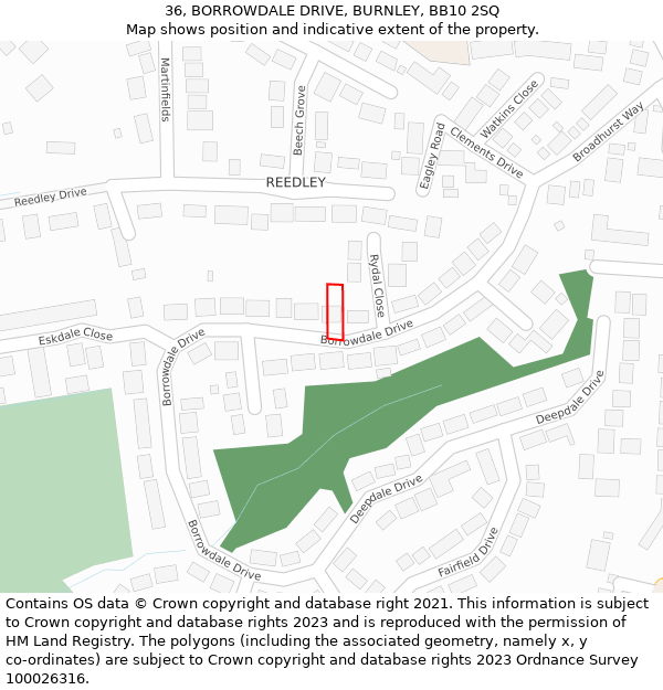 36, BORROWDALE DRIVE, BURNLEY, BB10 2SQ: Location map and indicative extent of plot