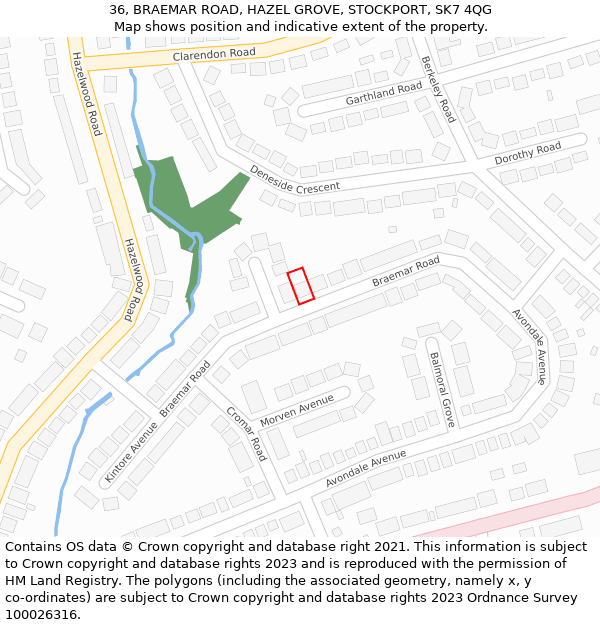 36, BRAEMAR ROAD, HAZEL GROVE, STOCKPORT, SK7 4QG: Location map and indicative extent of plot