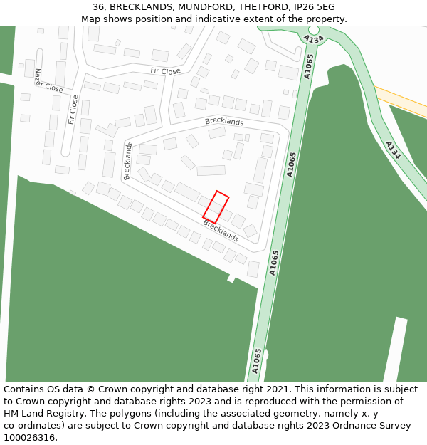 36, BRECKLANDS, MUNDFORD, THETFORD, IP26 5EG: Location map and indicative extent of plot