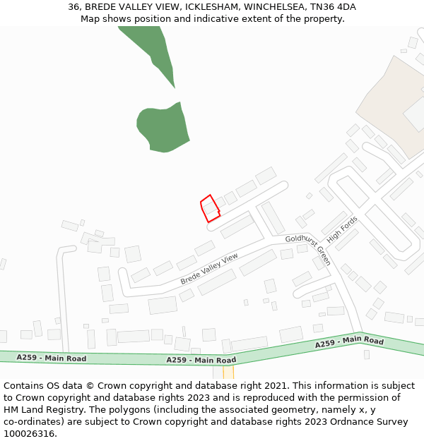 36, BREDE VALLEY VIEW, ICKLESHAM, WINCHELSEA, TN36 4DA: Location map and indicative extent of plot