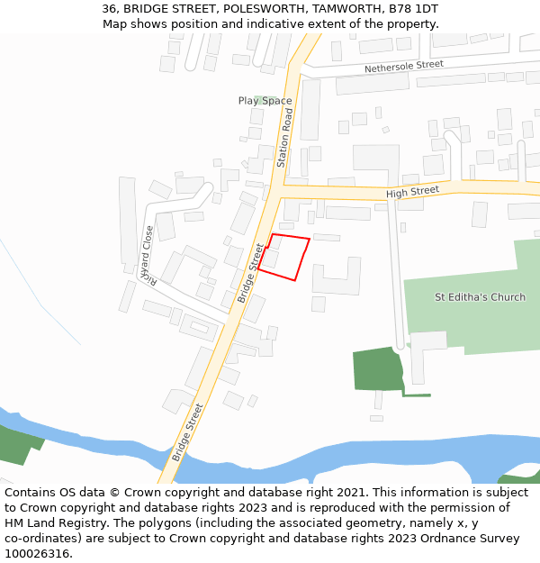 36, BRIDGE STREET, POLESWORTH, TAMWORTH, B78 1DT: Location map and indicative extent of plot
