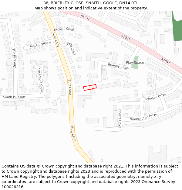 36, BRIERLEY CLOSE, SNAITH, GOOLE, DN14 9TL: Location map and indicative extent of plot