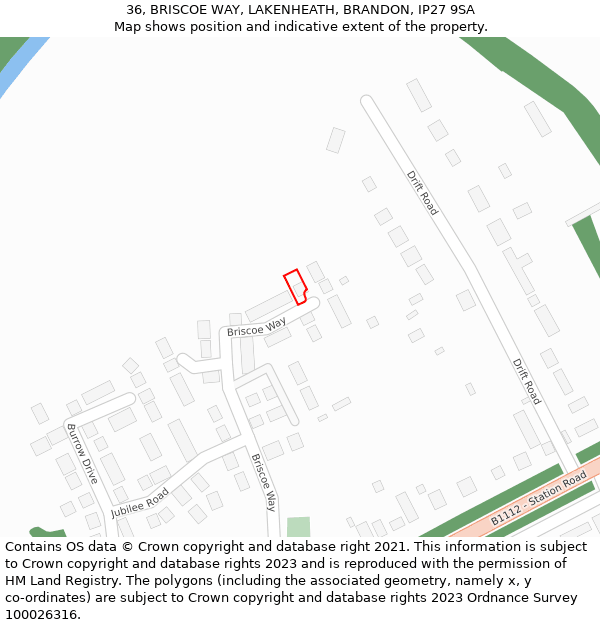 36, BRISCOE WAY, LAKENHEATH, BRANDON, IP27 9SA: Location map and indicative extent of plot