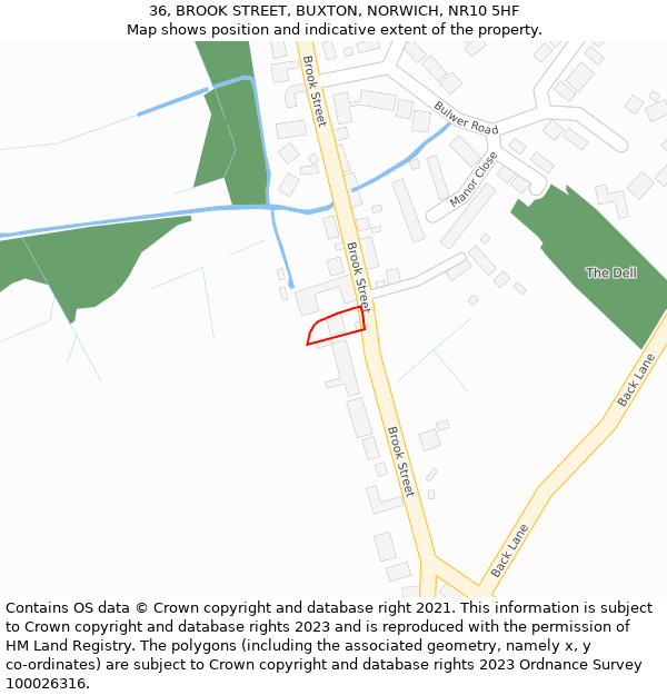 36, BROOK STREET, BUXTON, NORWICH, NR10 5HF: Location map and indicative extent of plot
