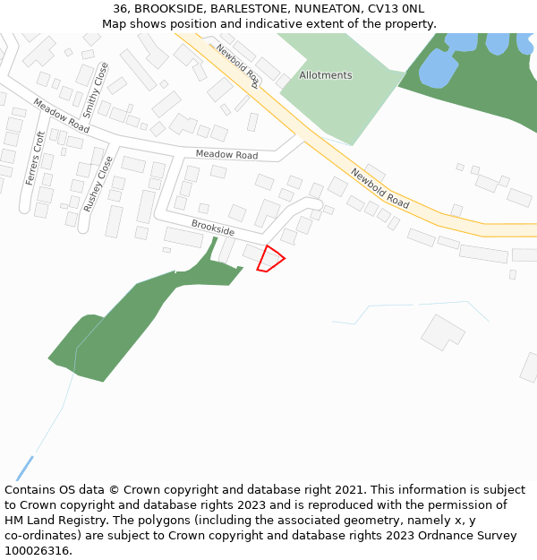 36, BROOKSIDE, BARLESTONE, NUNEATON, CV13 0NL: Location map and indicative extent of plot