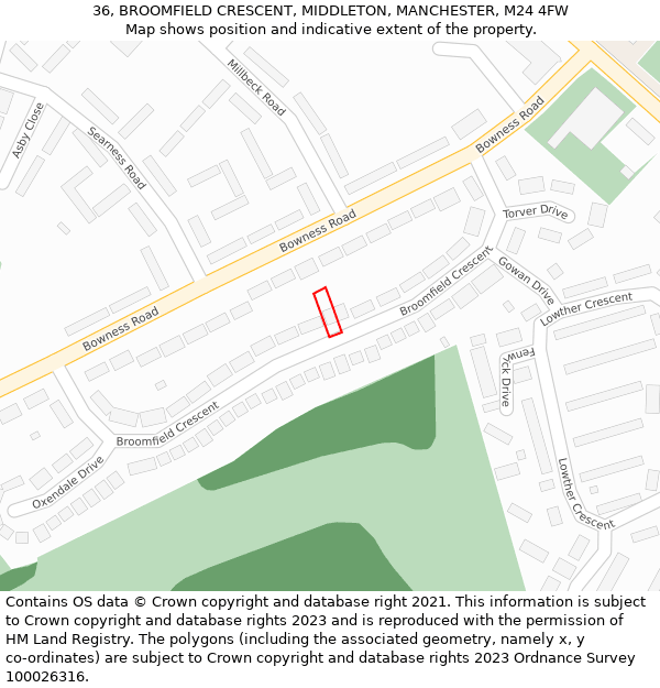 36, BROOMFIELD CRESCENT, MIDDLETON, MANCHESTER, M24 4FW: Location map and indicative extent of plot