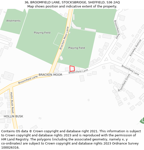 36, BROOMFIELD LANE, STOCKSBRIDGE, SHEFFIELD, S36 2AQ: Location map and indicative extent of plot