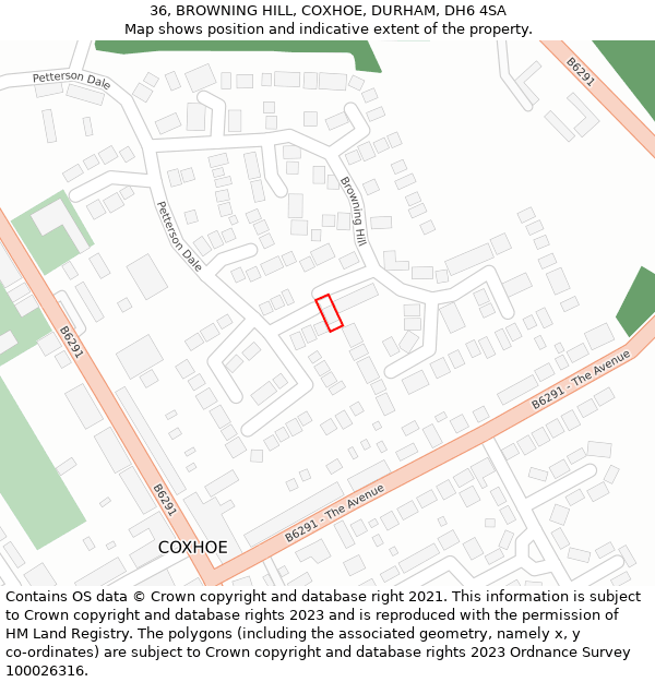 36, BROWNING HILL, COXHOE, DURHAM, DH6 4SA: Location map and indicative extent of plot