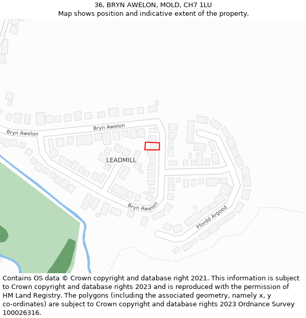 36, BRYN AWELON, MOLD, CH7 1LU: Location map and indicative extent of plot