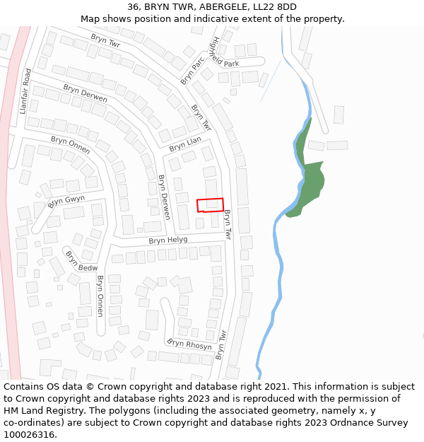 36, BRYN TWR, ABERGELE, LL22 8DD: Location map and indicative extent of plot