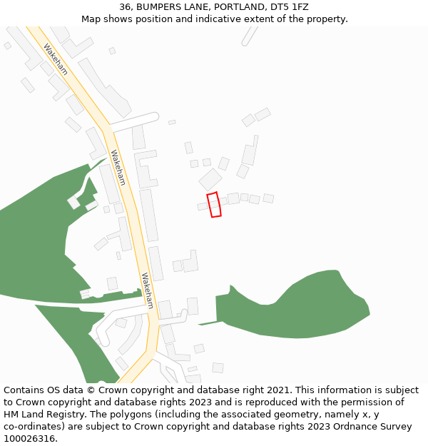 36, BUMPERS LANE, PORTLAND, DT5 1FZ: Location map and indicative extent of plot