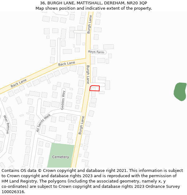 36, BURGH LANE, MATTISHALL, DEREHAM, NR20 3QP: Location map and indicative extent of plot