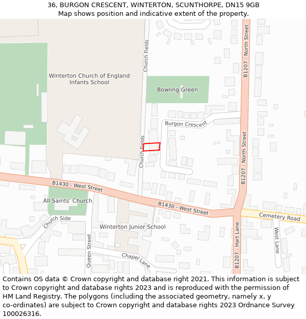 36, BURGON CRESCENT, WINTERTON, SCUNTHORPE, DN15 9GB: Location map and indicative extent of plot