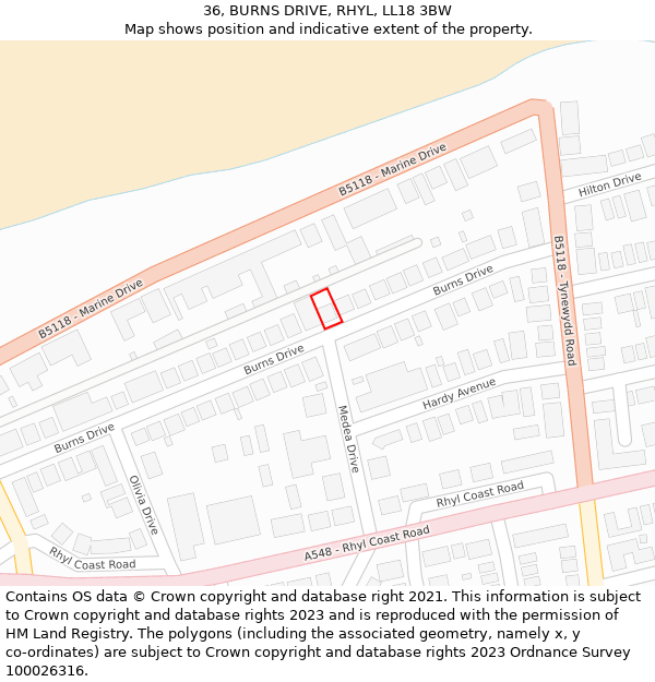 36, BURNS DRIVE, RHYL, LL18 3BW: Location map and indicative extent of plot