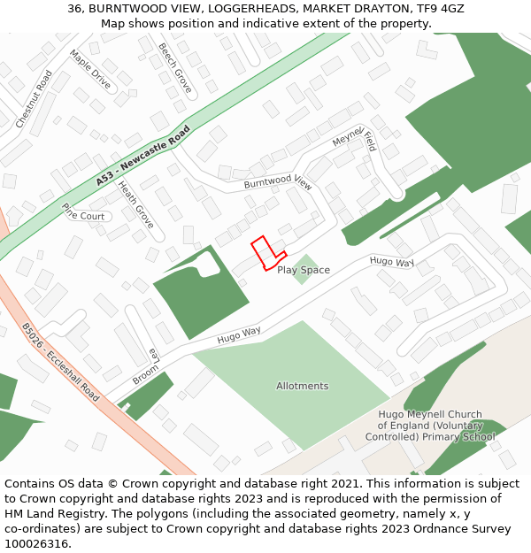 36, BURNTWOOD VIEW, LOGGERHEADS, MARKET DRAYTON, TF9 4GZ: Location map and indicative extent of plot