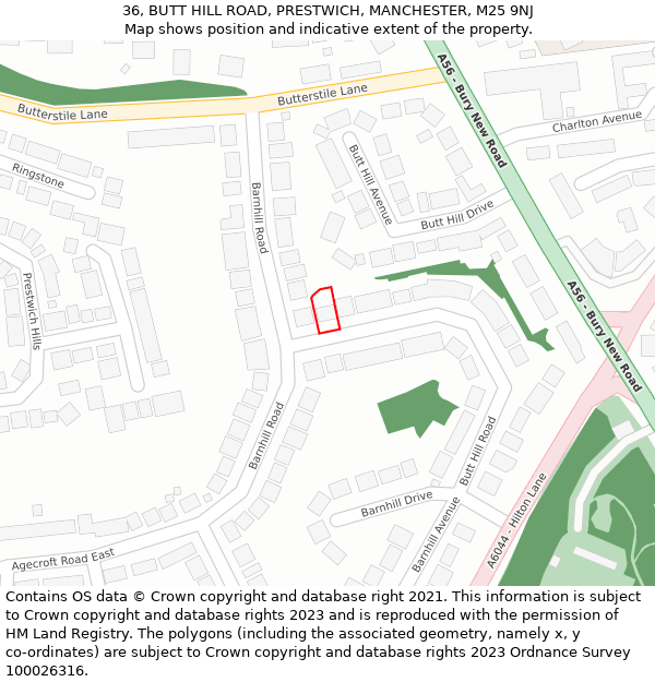 36, BUTT HILL ROAD, PRESTWICH, MANCHESTER, M25 9NJ: Location map and indicative extent of plot