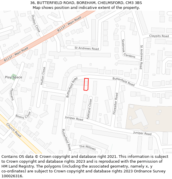 36, BUTTERFIELD ROAD, BOREHAM, CHELMSFORD, CM3 3BS: Location map and indicative extent of plot