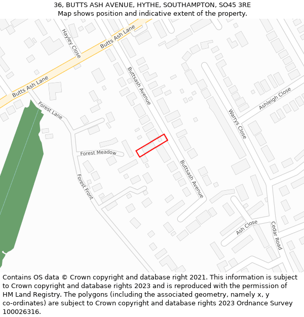 36, BUTTS ASH AVENUE, HYTHE, SOUTHAMPTON, SO45 3RE: Location map and indicative extent of plot