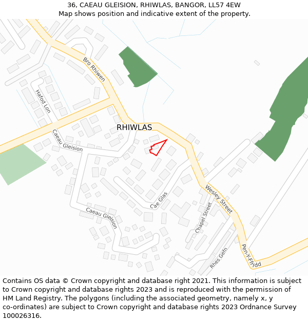 36, CAEAU GLEISION, RHIWLAS, BANGOR, LL57 4EW: Location map and indicative extent of plot