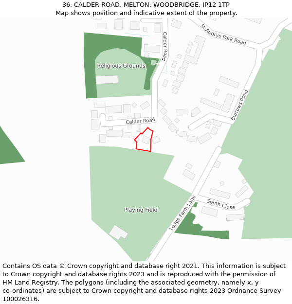 36, CALDER ROAD, MELTON, WOODBRIDGE, IP12 1TP: Location map and indicative extent of plot